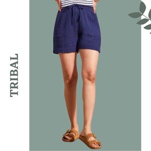 Tribal Women's Nautical Navy Shorts w/ Pockets Tie Waist Cotton Size XXL
